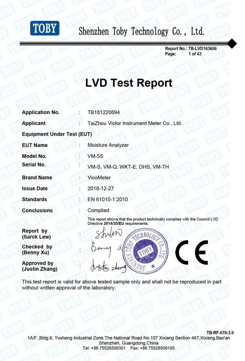 VicoMeter Halogen Moisture Analyzers Obtain CE-LVD Certification Report